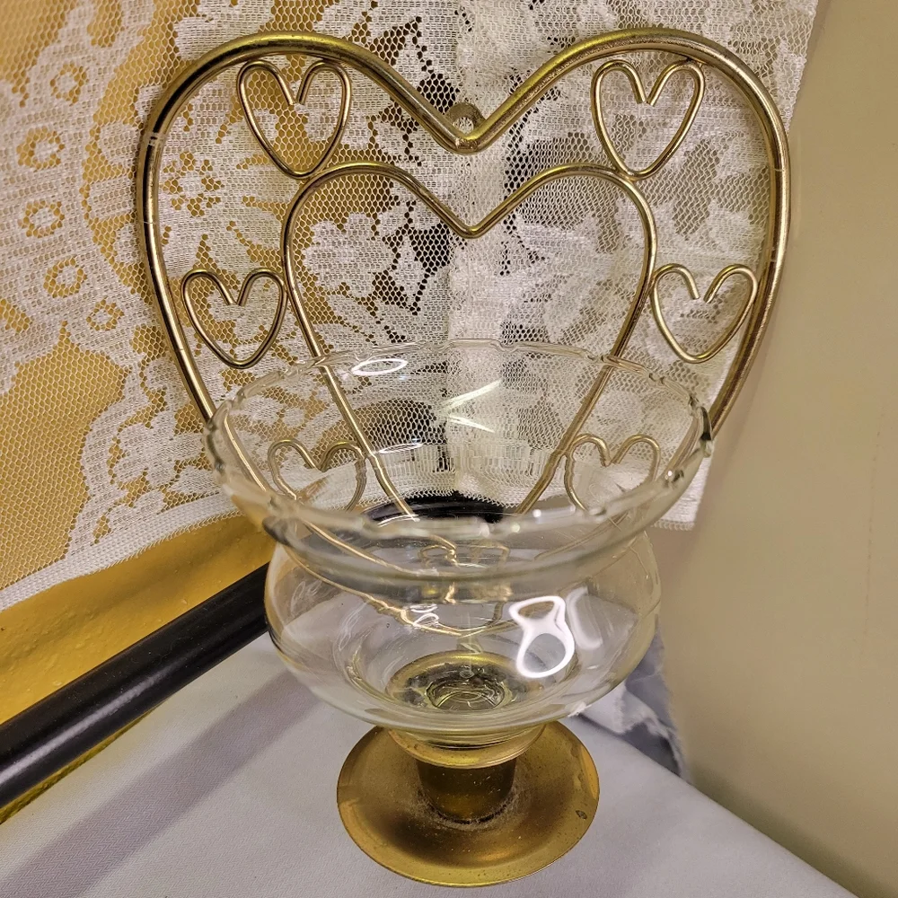 2 Vtg Candle Holders Wall Mount Heart Shaped Brass Clear Glass Shades